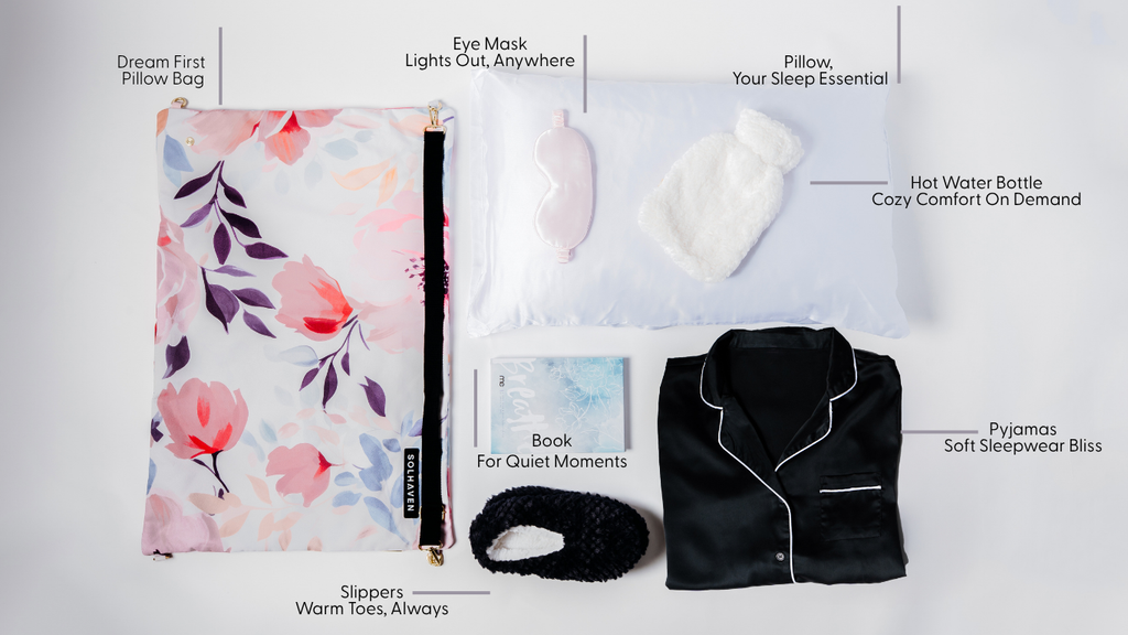 Collection of sleep accessories including a floral pillow bag, eye mask, pillow, hot water bottle, book, slippers, and pajamas on a white background.