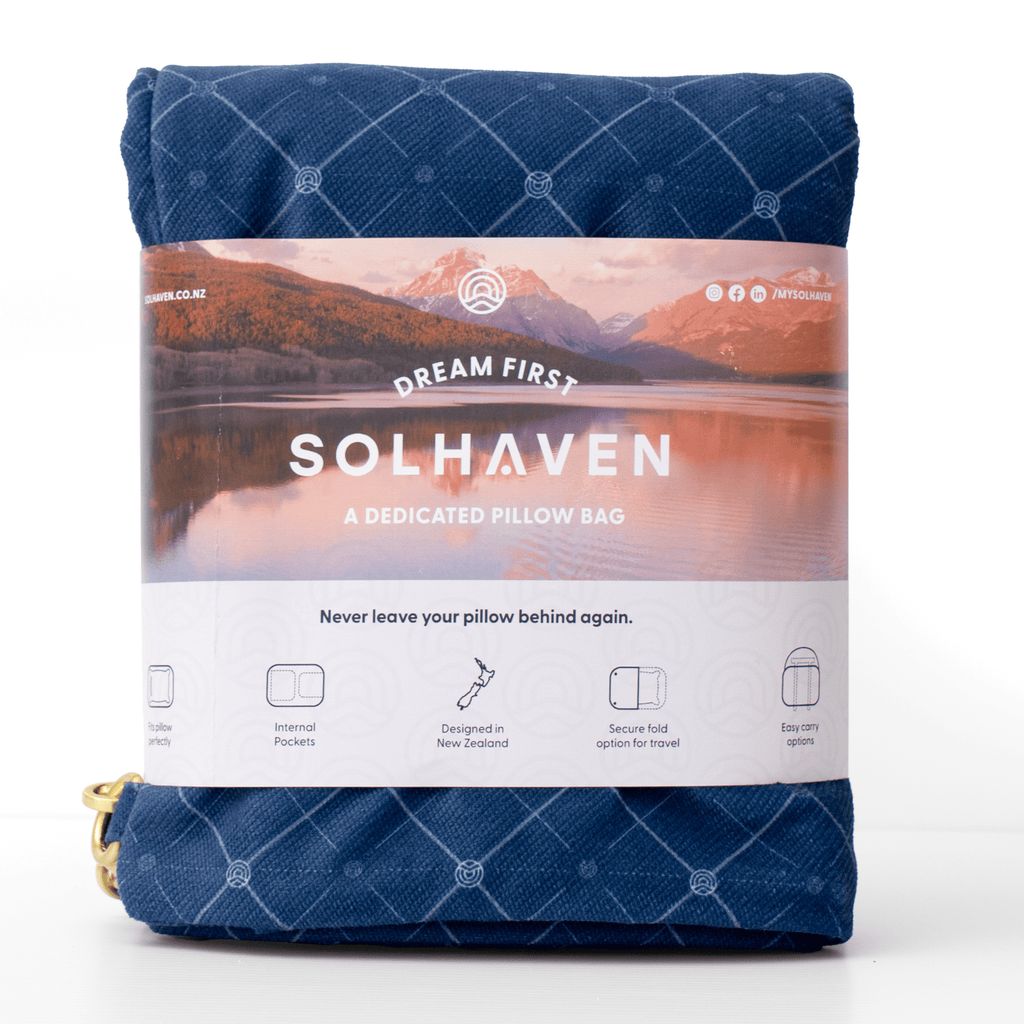 Solhaven Dream First™ Pillow Bag - Haven in blue wrapped in belly band for retail display