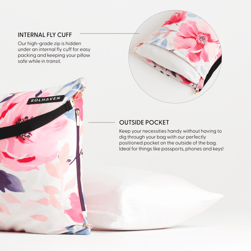Dream First™ Pillow Bag - Flora - Solhaven, picture showing features of bag, internal cuff and outside pocket