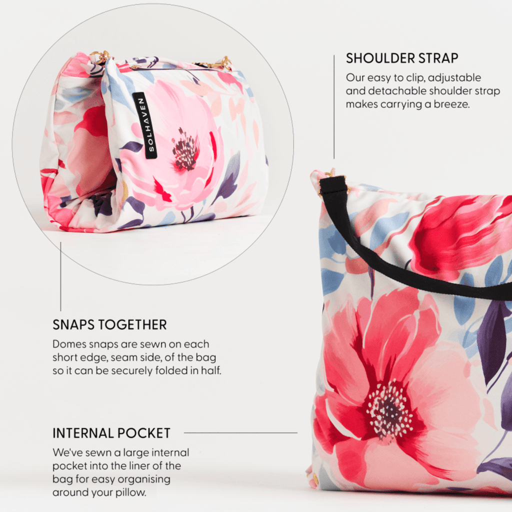 Dream First™ Pillow Bag - Flora - Solhaven picture showing features of bag, internal pocket, shoulder strap, snaps together with domes
