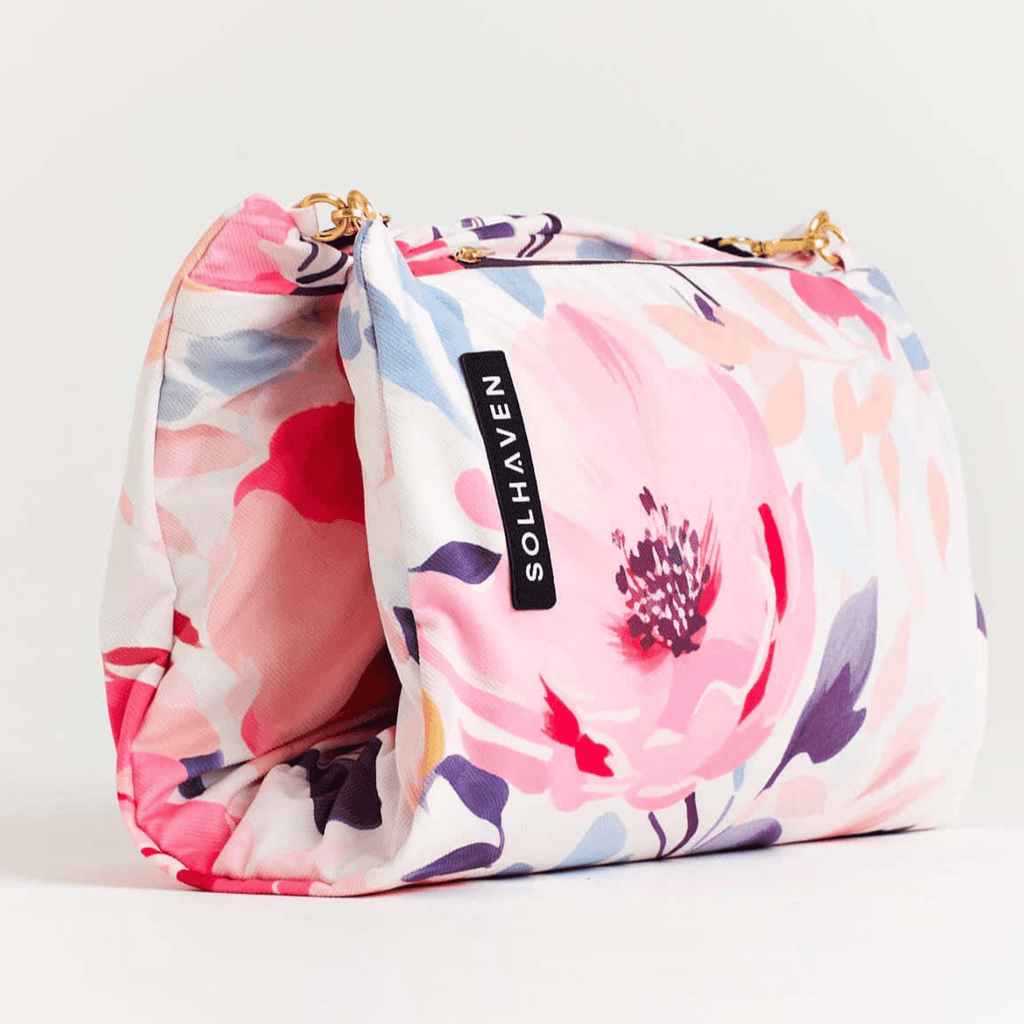 Dream First™ Pillow Bag - Flora - Solhaven showing bag folded in half with gold hardware