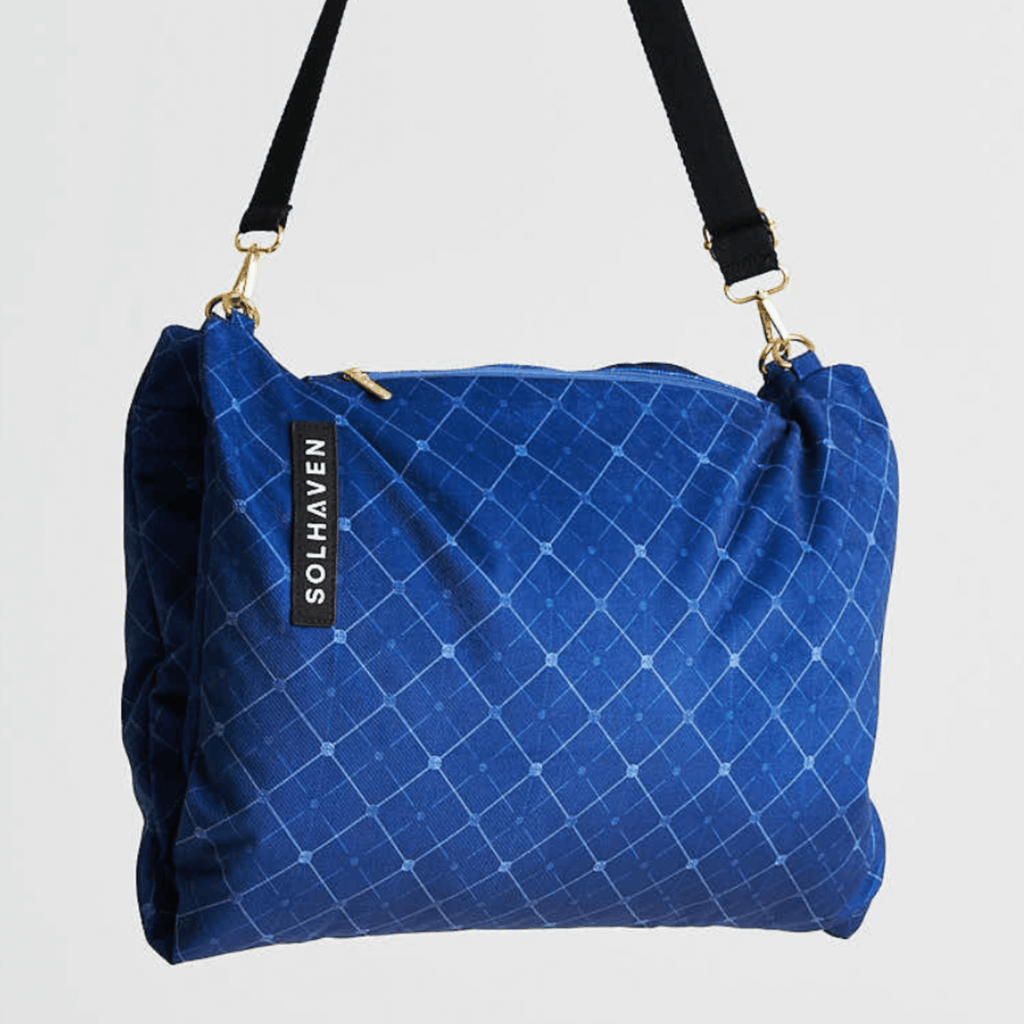 Dream First™ Pillow Bag - Haven - Solhaven shown hanging from strap, bag folded in half and clipped together