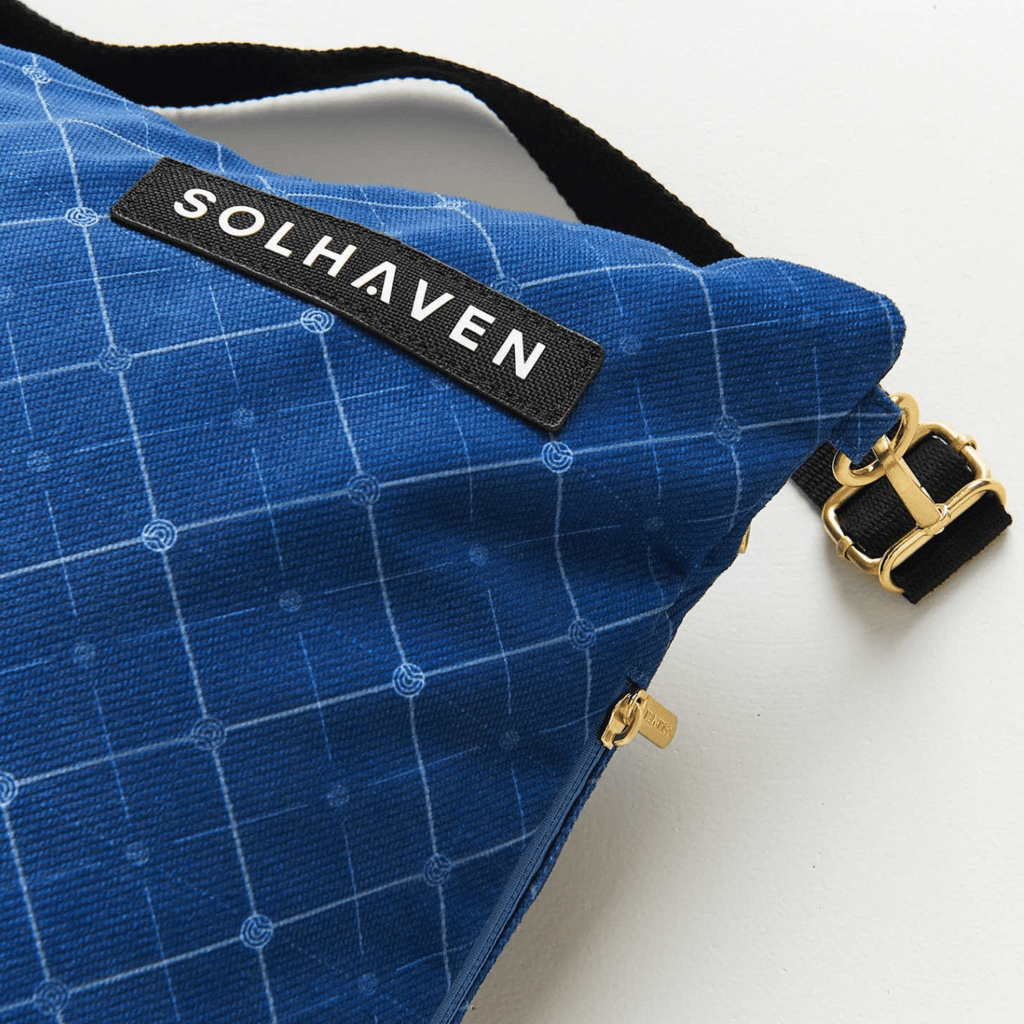 Dream First™ Pillow Bag - Haven - showing Solhaven name badge and gold zip and strap hardware